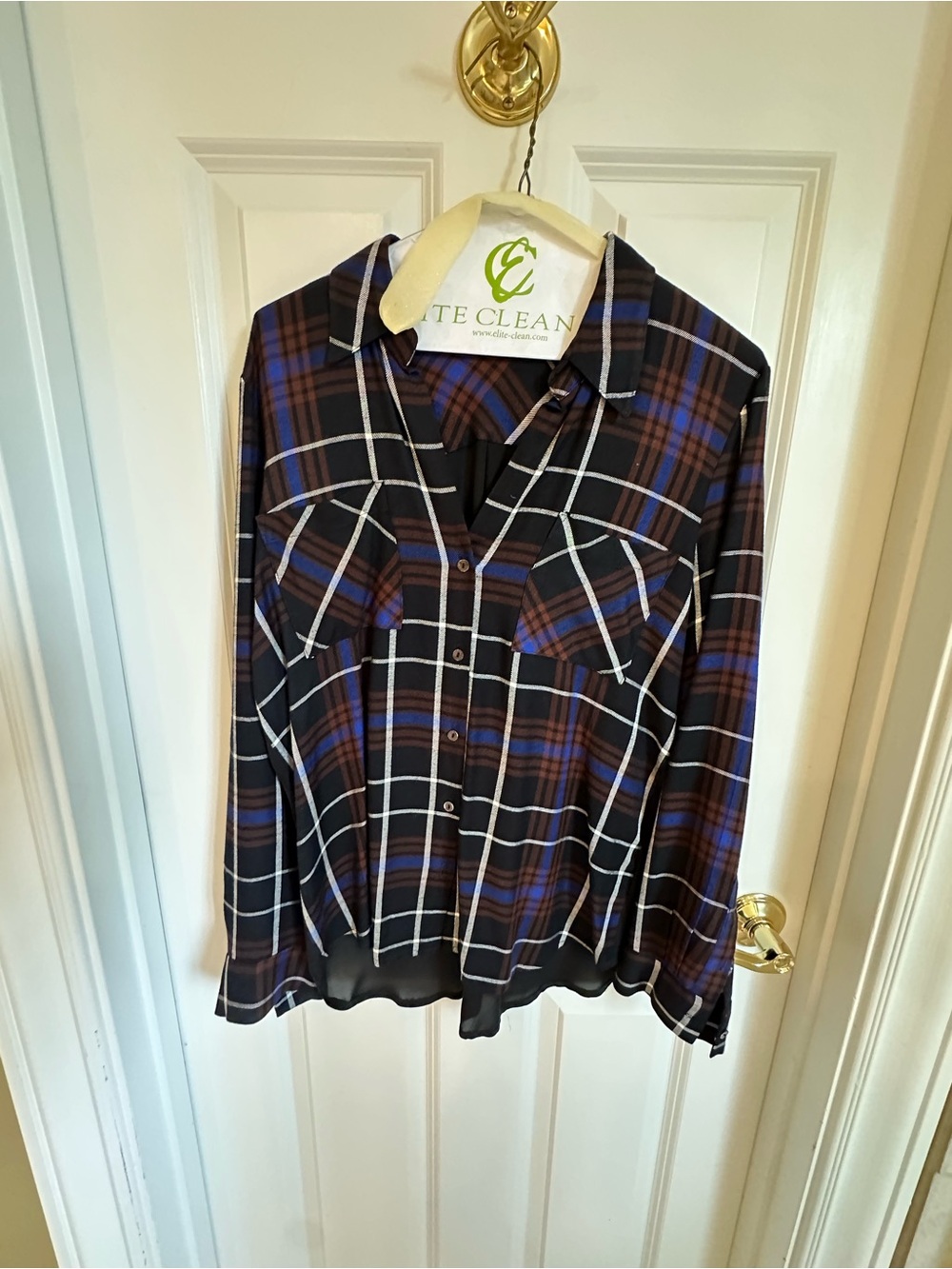 L'AGENCE Black Plaid Shirt with Blue and Brown Stripes
